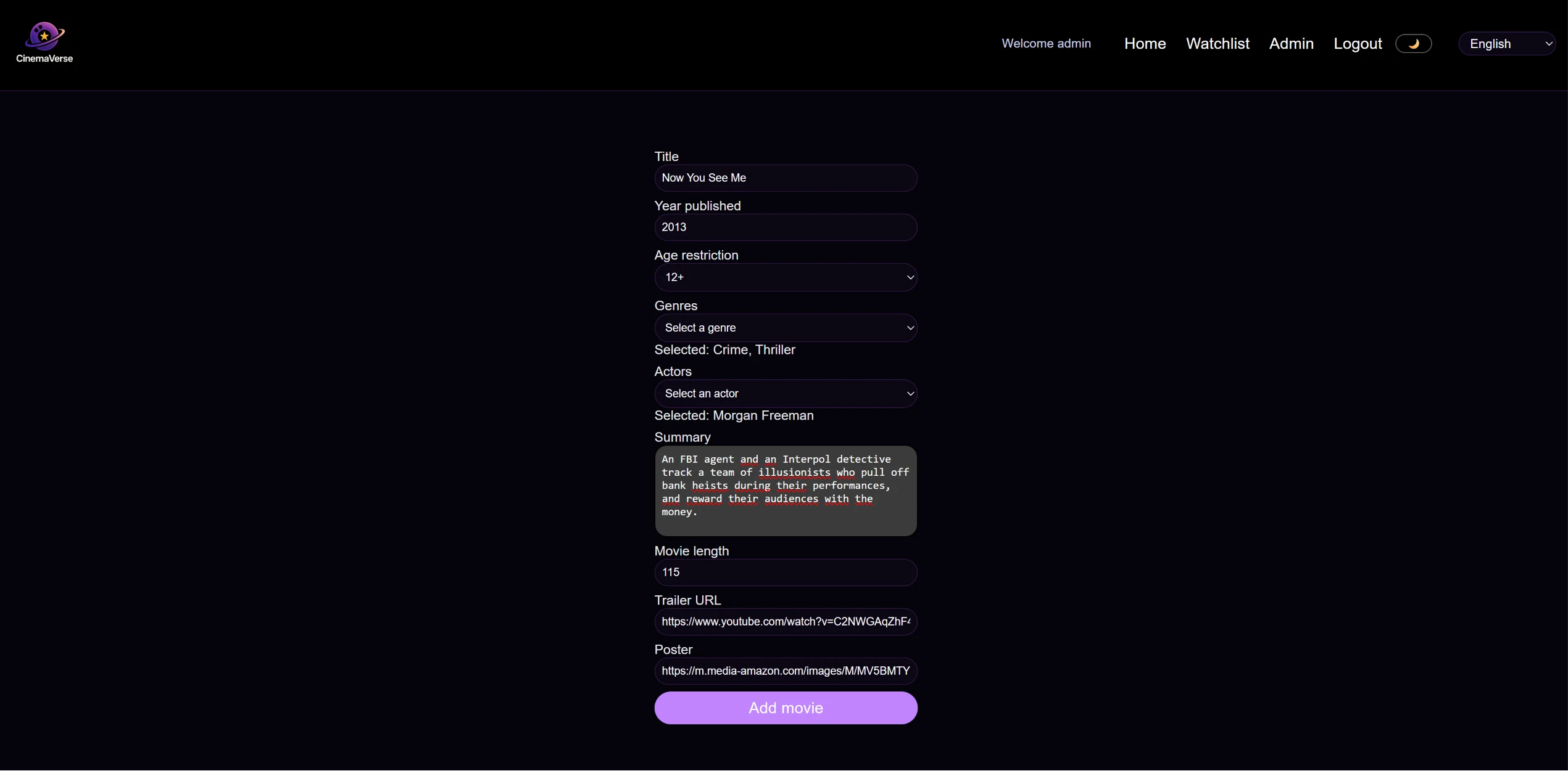 CinemaVerse admin form completed for the movie Now You See Me.
