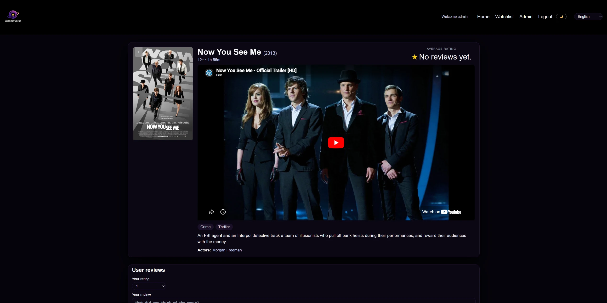 Newly created Now You See Me detail page with poster and trailer.