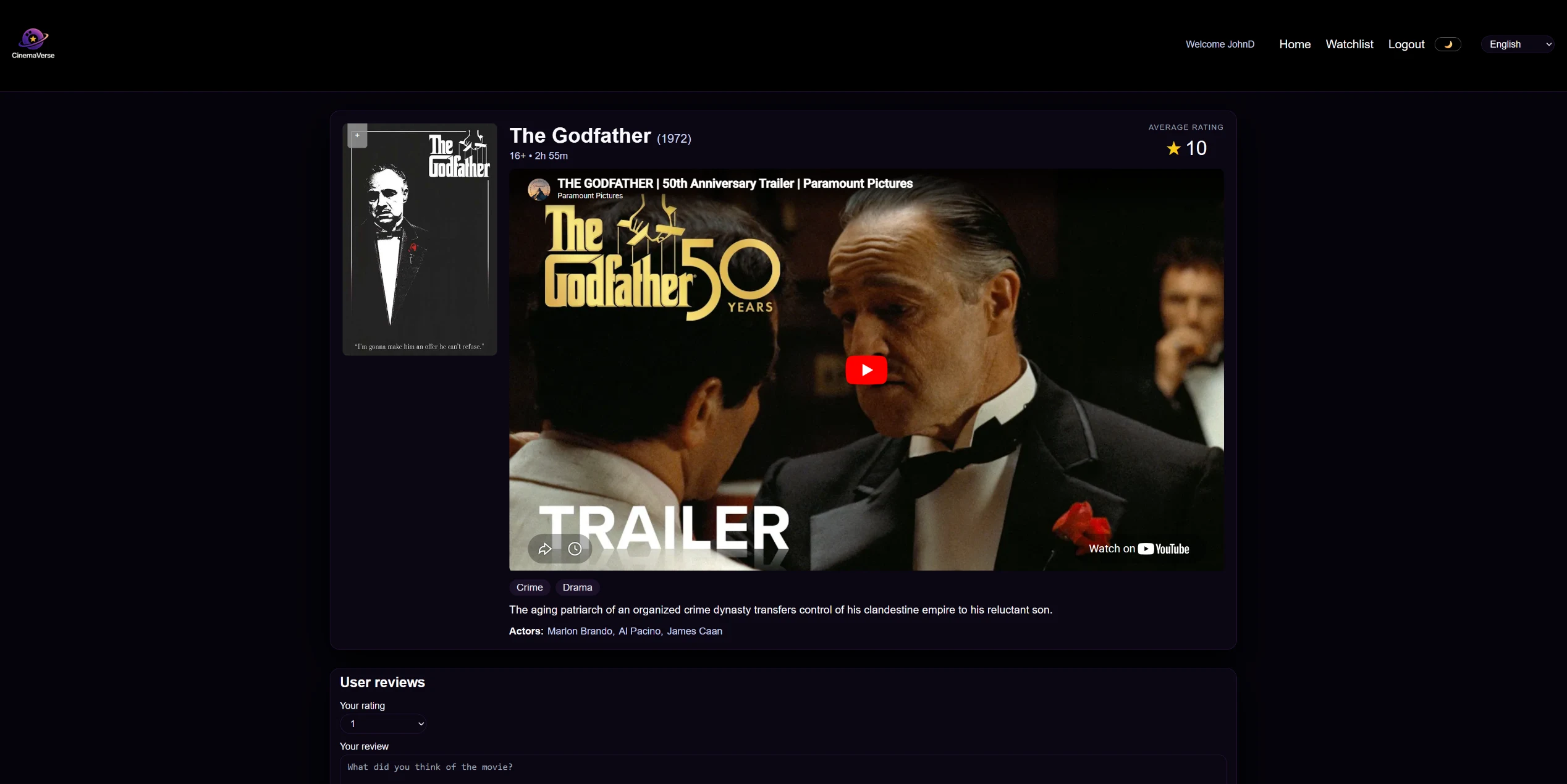 The Godfather detail page with poster, trailer, metadata and average rating.