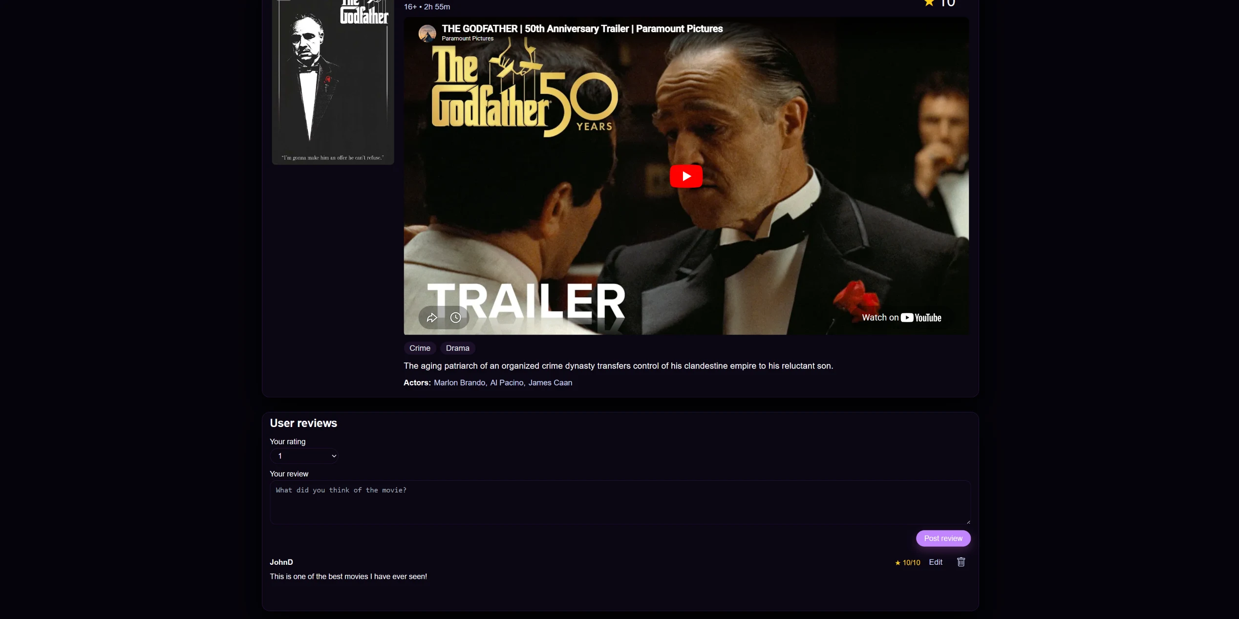 Review section where JohnD can edit or remove a review rated ten.