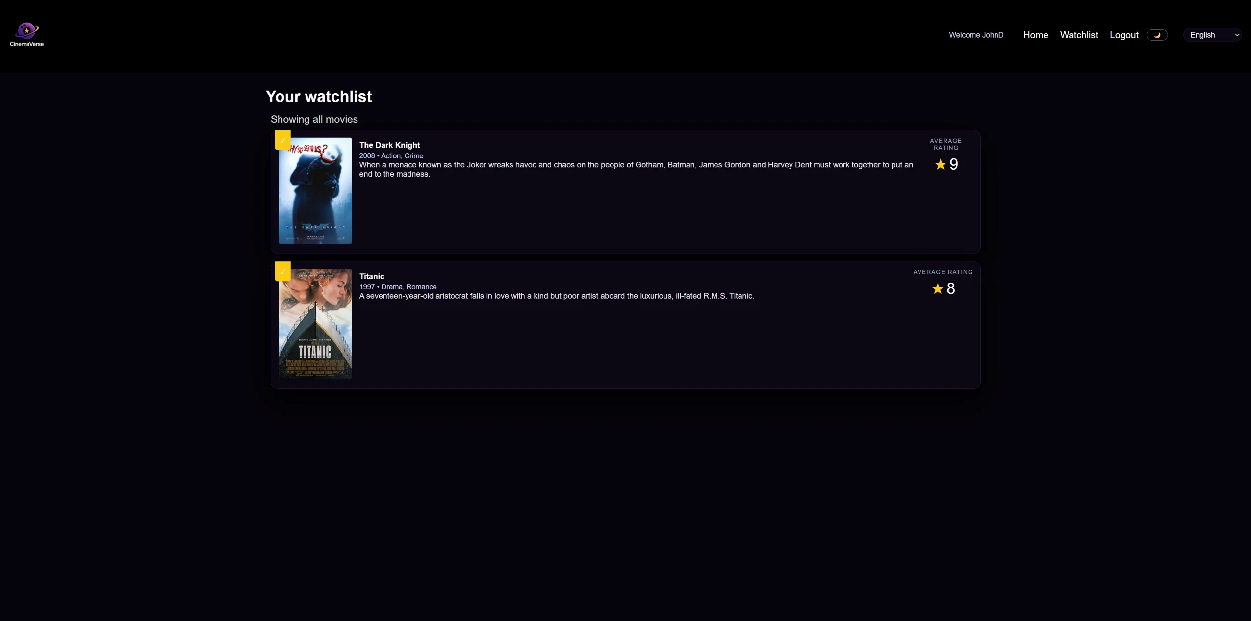 Personal CinemaVerse watchlist in dark mode with The Dark Knight and Titanic.