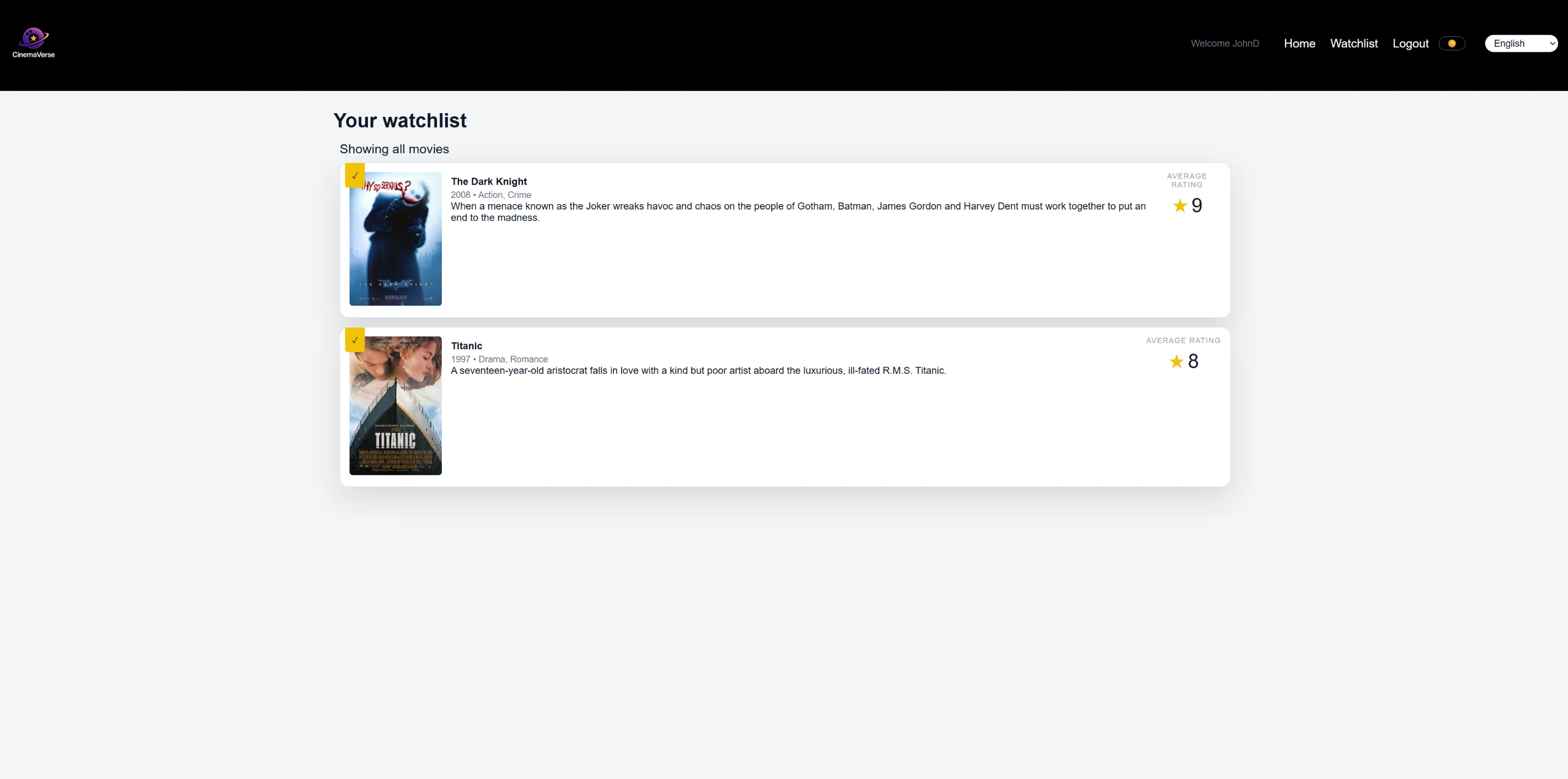 Personal CinemaVerse watchlist in light mode.