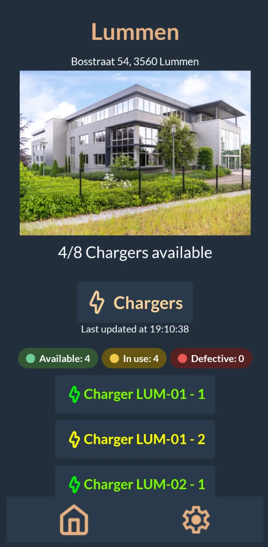 EcoCharge location detail in dark mode with counts for available, occupied and defective chargers.