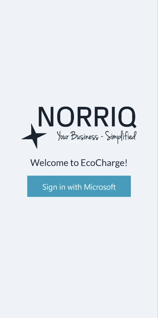EcoCharge sign-in screen with the NORRIQ logo and a Microsoft sign-in button.