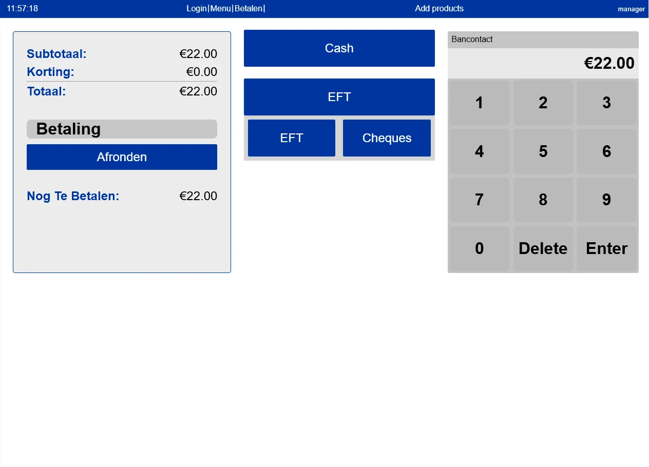 Payment screen with total, remaining amount, cash, EFT, cheques and numeric keypad.