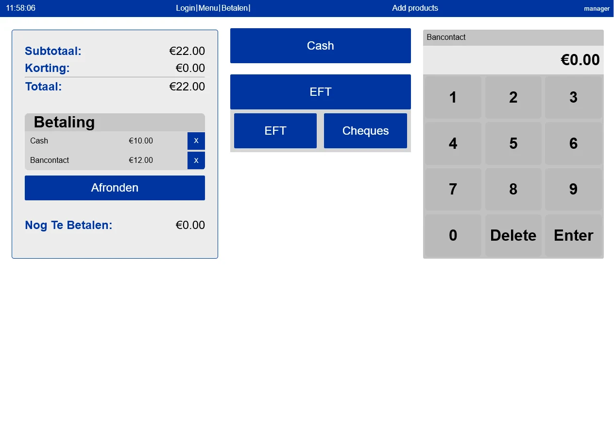 Completed split payment of ten euros in cash and twelve euros through Bancontact.