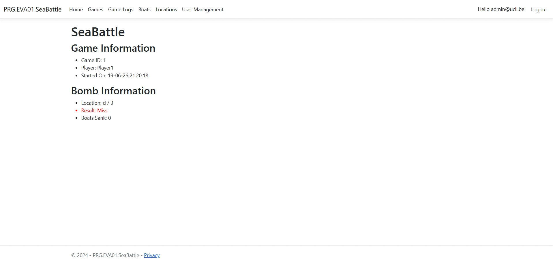 SeaBattle result page with game number, player, bomb coordinate, miss and remaining ships.